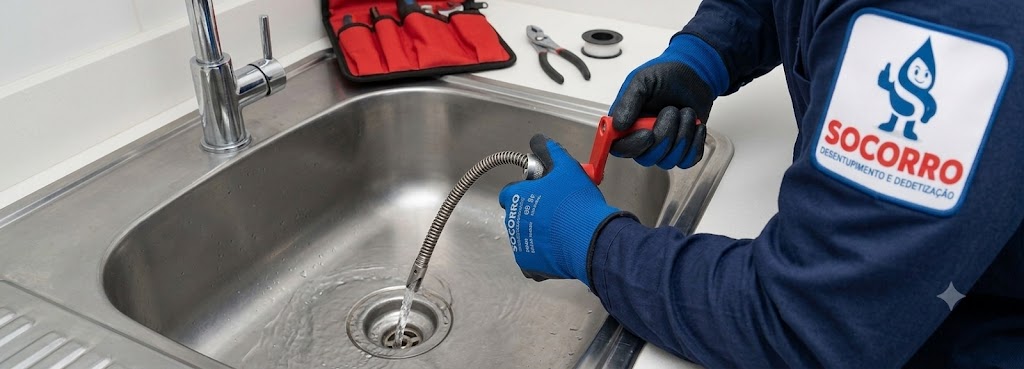Profissional realizando Desentupimento de Pia de Cozinha e Banheiro em Joinville