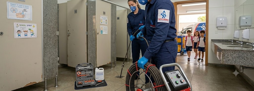 Profissional realizando Desentupimento e Manutenção Preventiva para Escolas, Colégios e Creches em Joinville